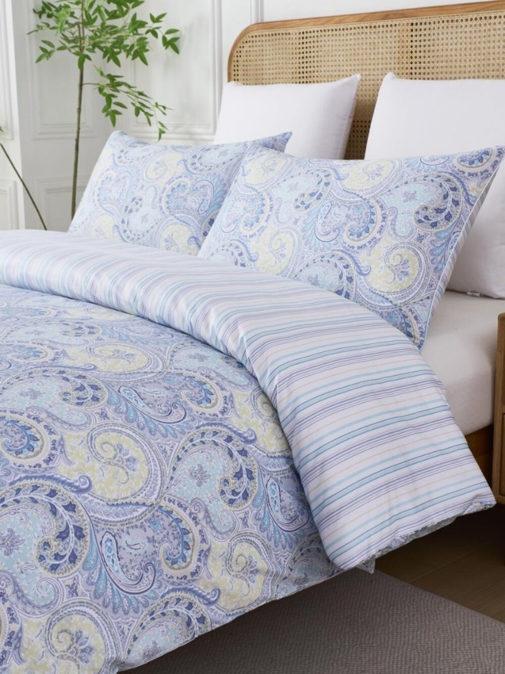 Vintage Boho Queen Size 3Pcs Duvet Cover Set Luxury Elegant Blue Paisley Bedding